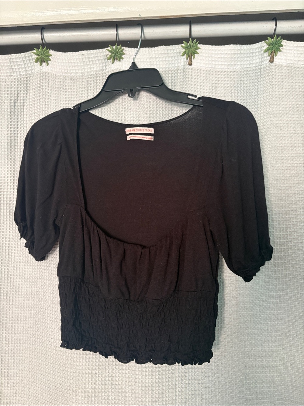 Urban Outfitters Black Puff-Sleeve Smocked Waist Crop Top
